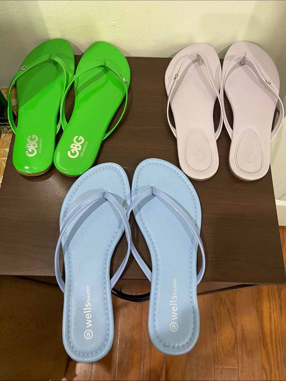 GBG Los Angeles Green, Light Blue & Pale Pink Flip Flop Sandals